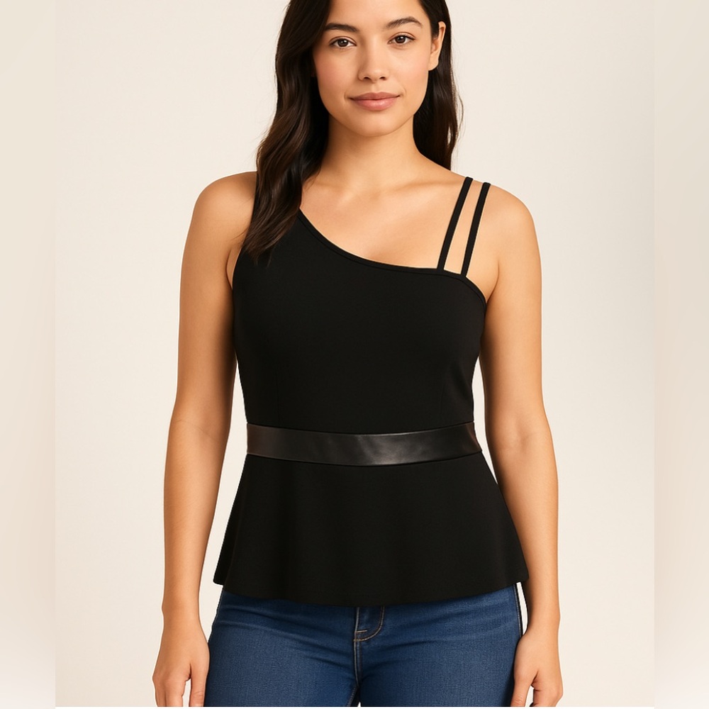 JustFab Black Blouse with leather belted‎ Peplum Size L
